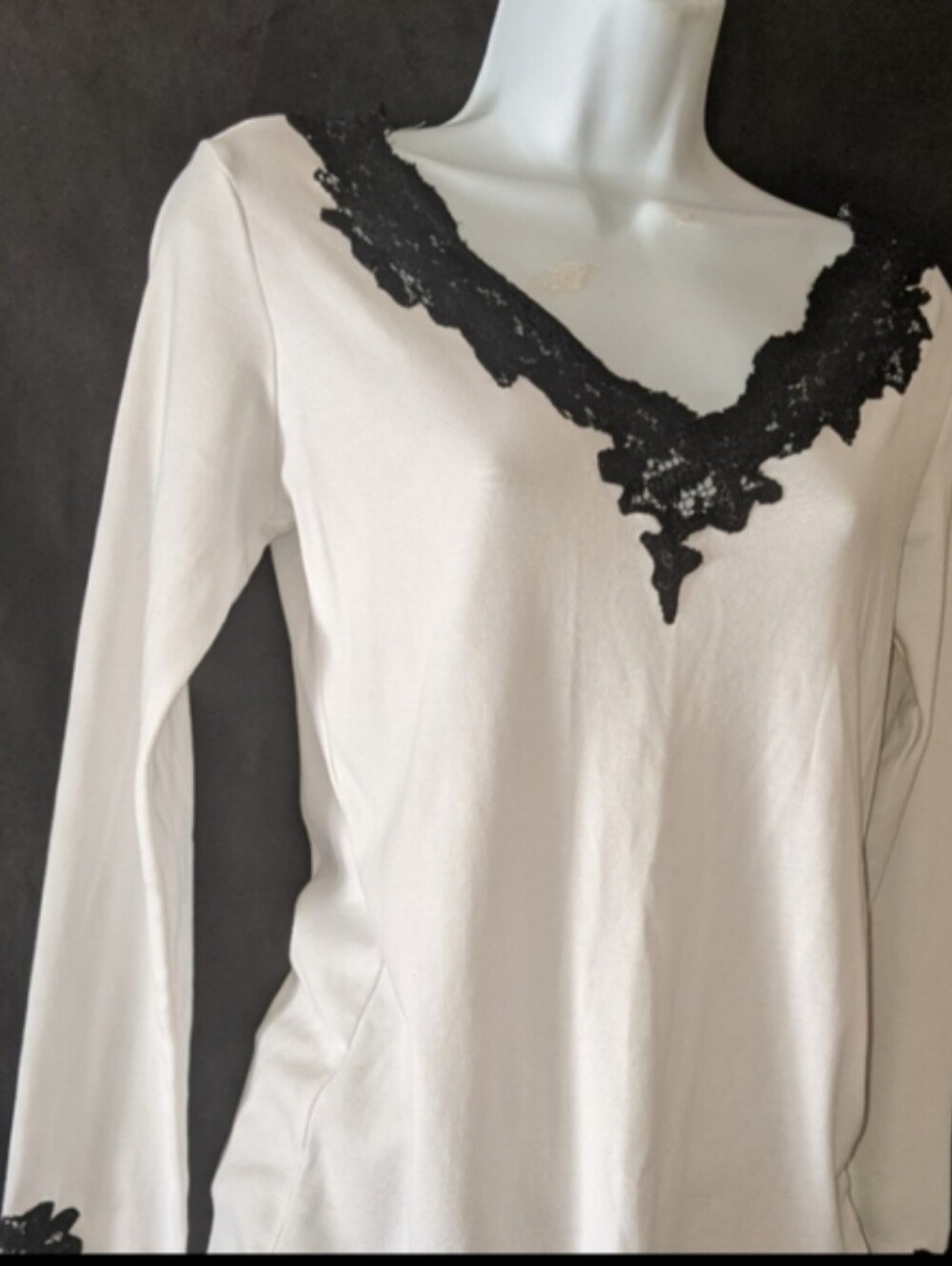 White Long Sleeve Top with Black Lace V-Neck